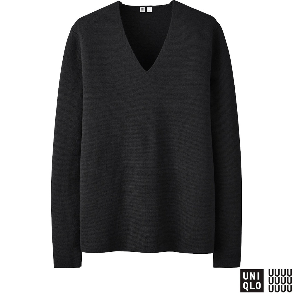 UNIQLO U Ribbed Milano V-Neck Wool Sweater in Black Size XS - NWOT